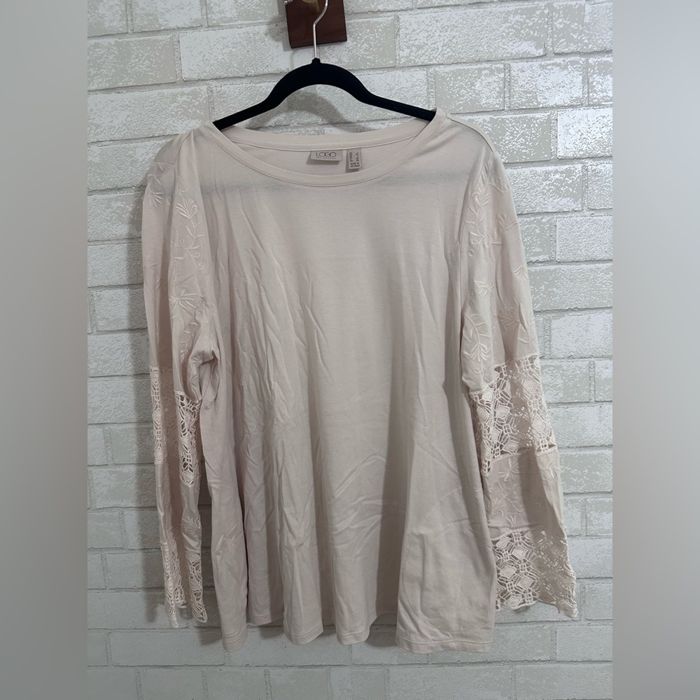 Womens cream Boho long sleeve embroidered and lace tunic top pockets sz L #1574